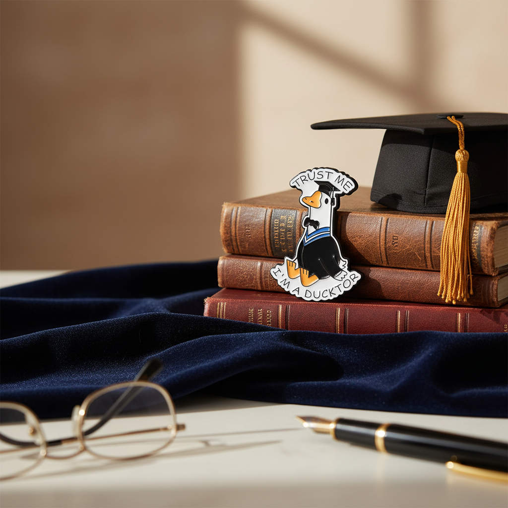 Pin's Canard Blanc Doctorant "Trust me, I'm a Doctor"