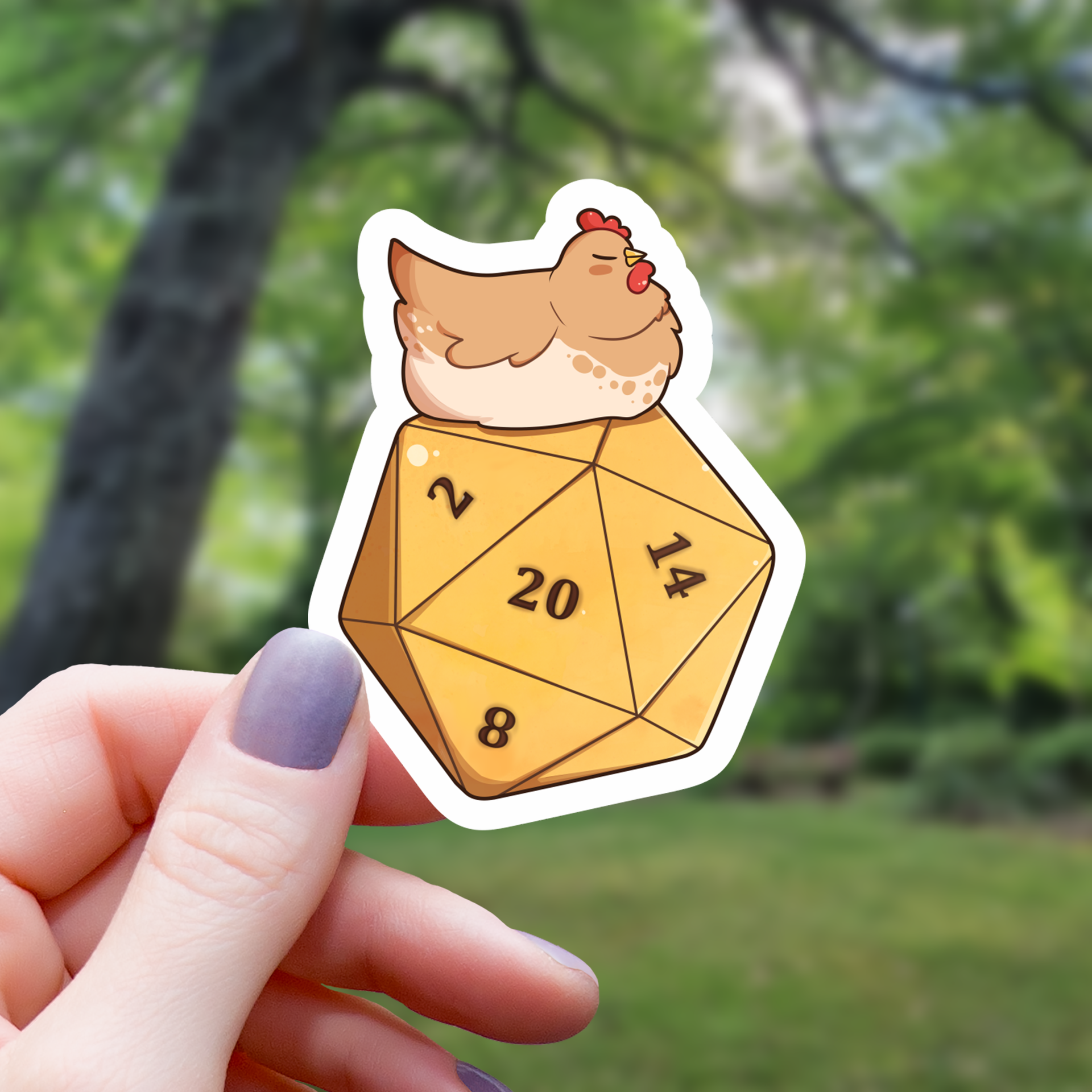Autocollant Poule assise sur un dé D20