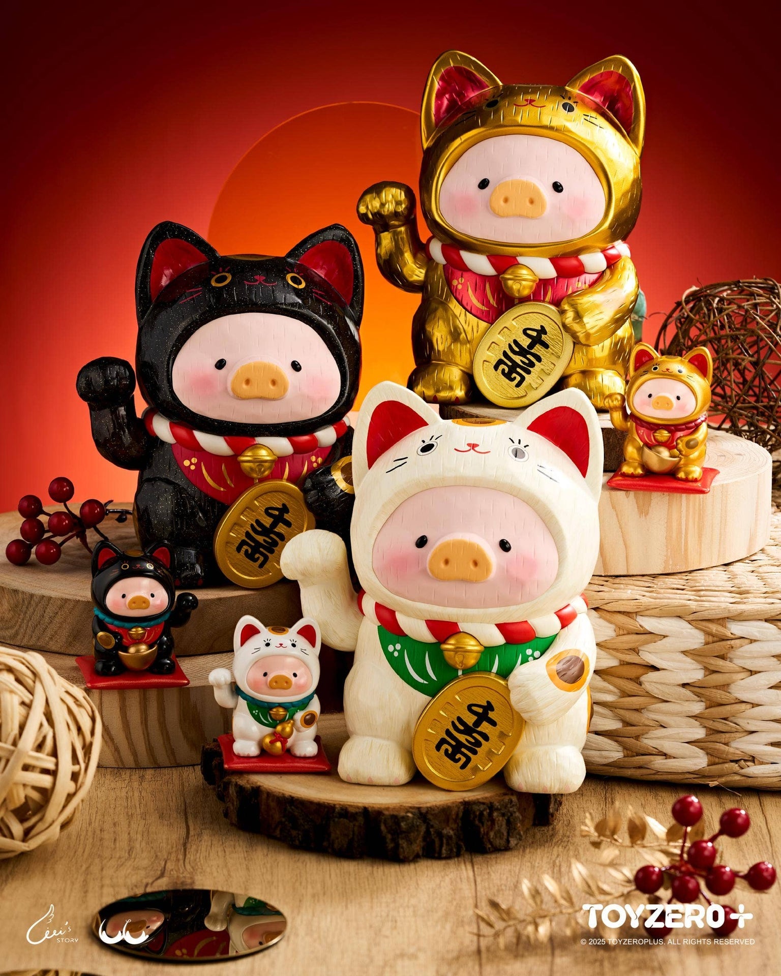 LuLu le Cochonnet - Maneki Lu (chat noir) — sculpture en bois 18cm