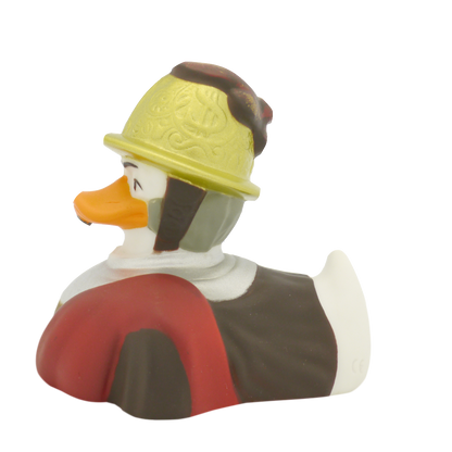 Hombre de pato con casco de oro